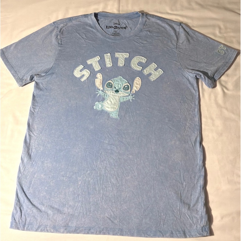 Disney Lilo & Stitch Blue Acid Wash Applique Graphic T-Shirt Womens Medium